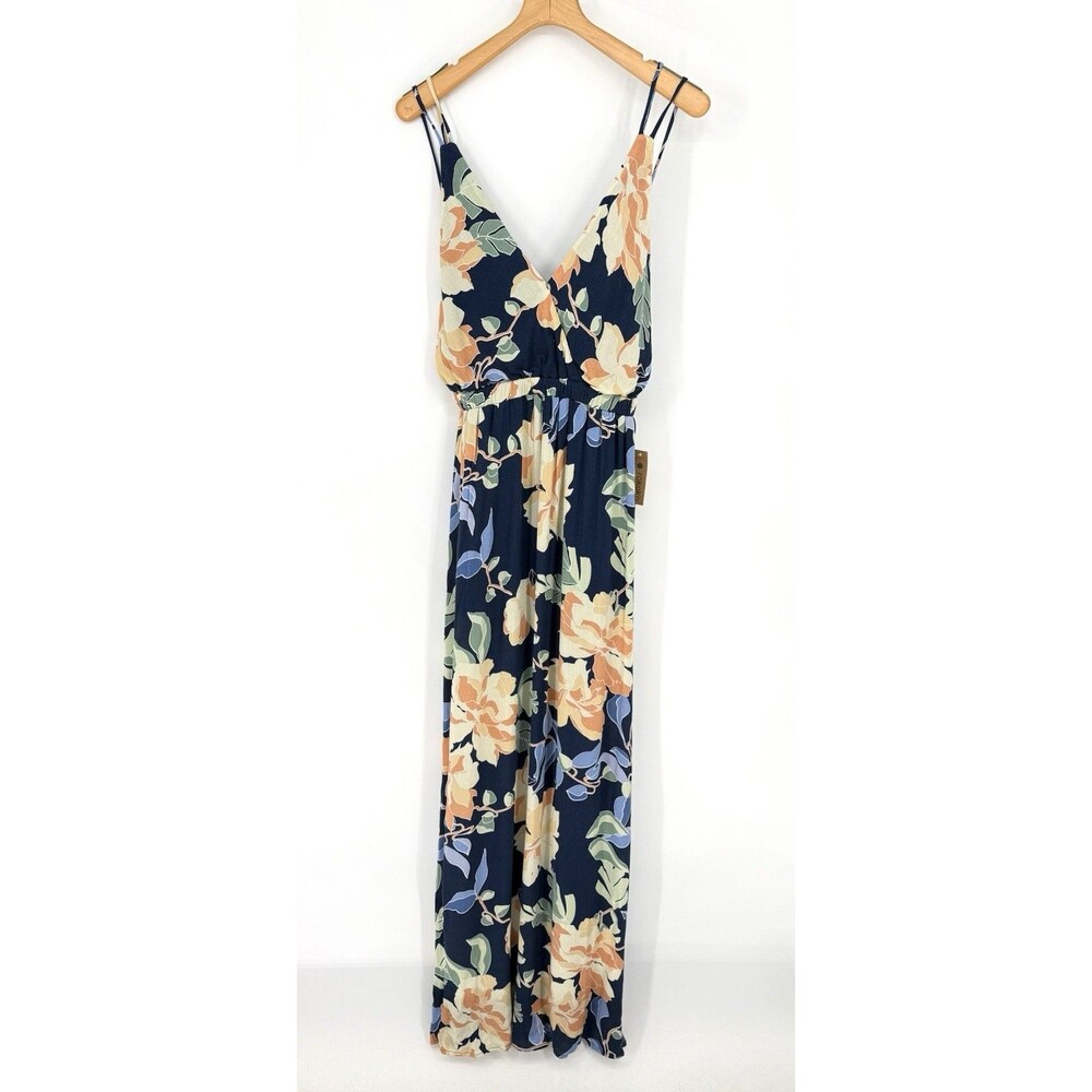 Rokoko Maxi‎ Dress Womens M Blue Floral Backless Gauzy Slit Boho Resort Vacay